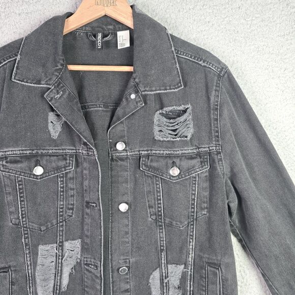 Divided Black Denim Jacket Thrashed Distressed Raw Hem Oversized Y2K Fall Retro - Picture 6 of 16